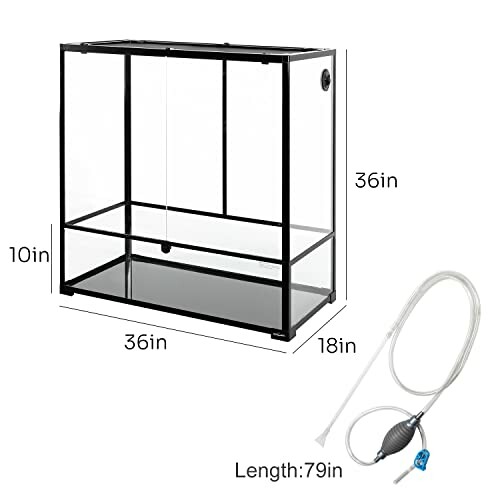 Reptile terrarium tank with dimensions and siphon hose.