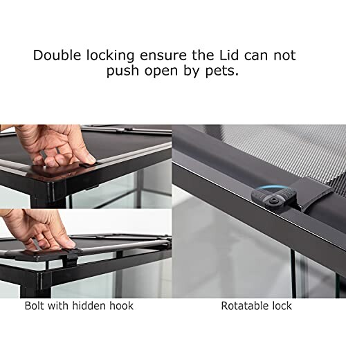 Aquarium lid with double locking feature, bolt with hidden hook, and rotatable lock