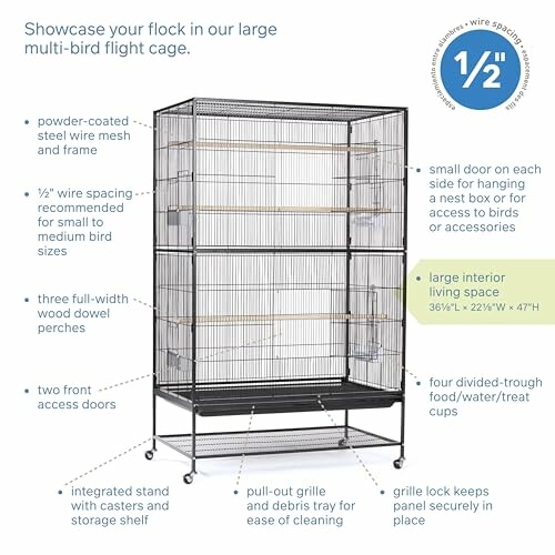 Large bird cage with multiple features including a powder-coated steel frame, full-width wood perches, and large interior living space.