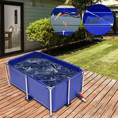 Portable blue fish pond on wooden deck