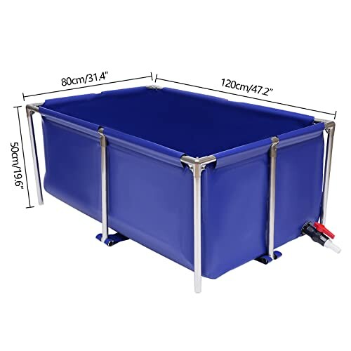 Blue portable foldable water tank with metal frame and dimensions.